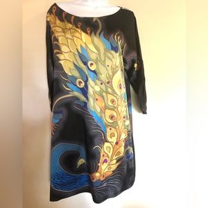 Tibi silk chemise dress loose fitting with peacock design